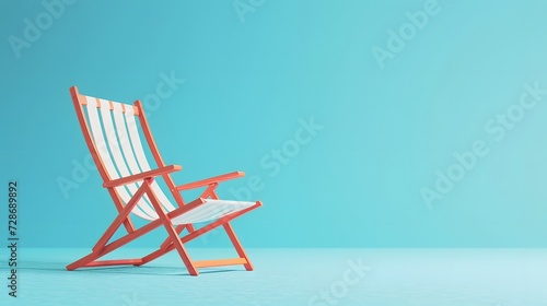 Beach chair isolated on blue background. summertime beach scene banner. copy space. Mockup. side view. photo