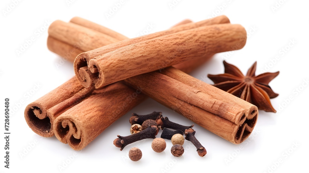 Cinnamon stick and different variation of spices isolated on white background. star anise, clove. front view, food design, with copy space. mockup. Cinnamon stick and different variation of spices isolated on white background. star anise, clove. front view, food design, with copy space. mockup.