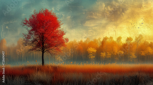 Solitary Red Tree Stands Vibrantly Against A Forest Bathed In Autumnal Hues, Under A Textured Sky. © Greg Kelton