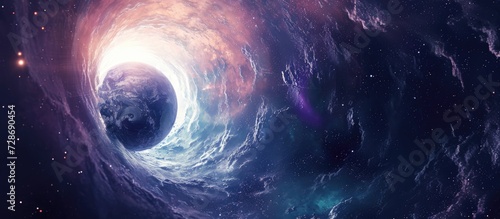 Illustration concept: Planet traveling through a dark tunnel in a wormhole