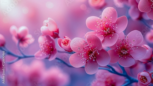 Pink Blossoms With Dewdrops Cluster On Branches  Their Soft Petals Aglow Against Pinkish-Purple