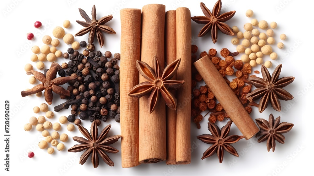 Cinnamon stick and different variation of spices isolated on white background. star anise, clove. Flat lay, top view, food design, with copy space. mockup. Cinnamon stick and different variation of spices isolated on white background. star anise, clove. Flat lay, top view, food design, with copy space. mockup.