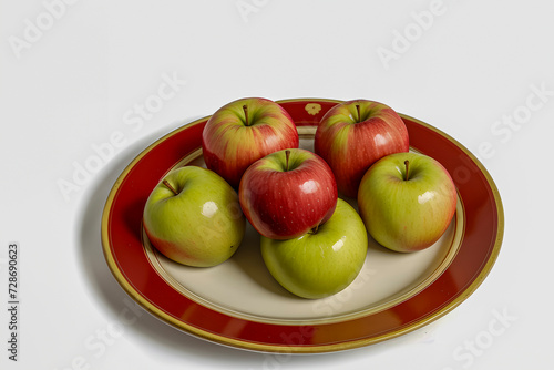 Six Fresh, Crisp Apples With A Blend Of Red And Green Colors Arranged, Plain White Background.