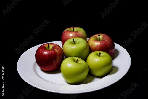 Red And Green Apples Arranged Neatly On A White Plate Against A Black Background