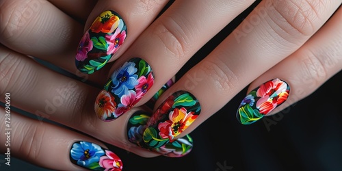 Colorful painted nails with an intricate design for manicure concept