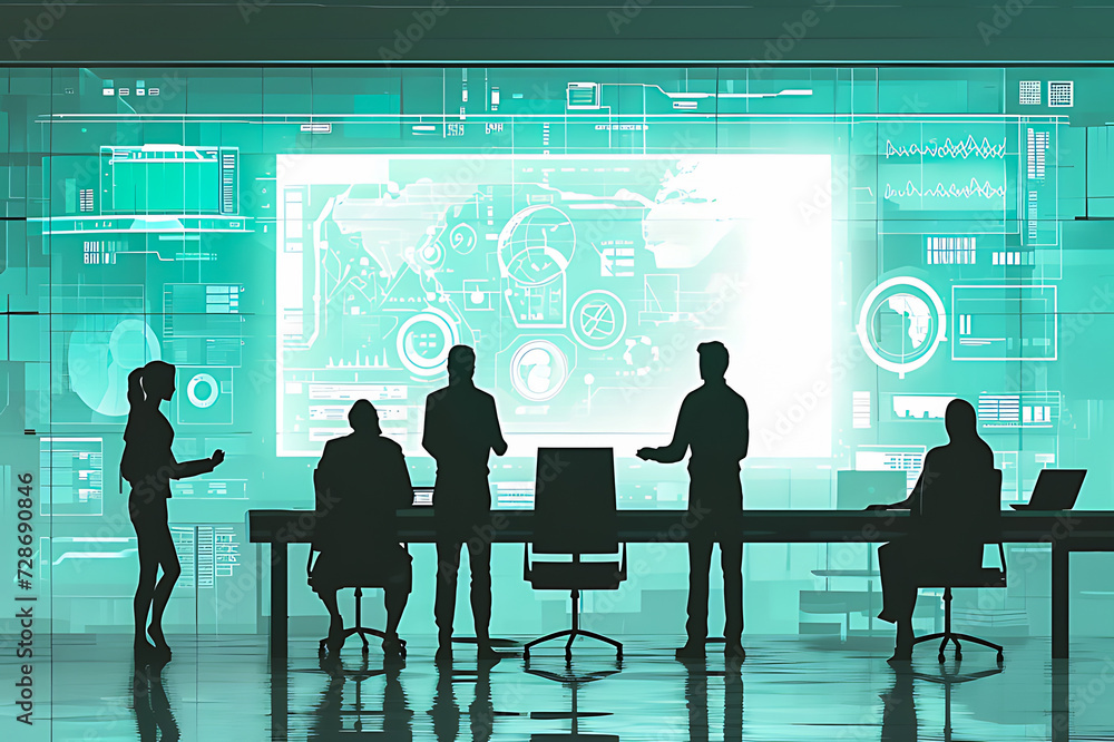 Futuristic analytics hub tech professionals analyzing data on interactive display Futuristic analytics hub tech professionals analyzing data on interactive display