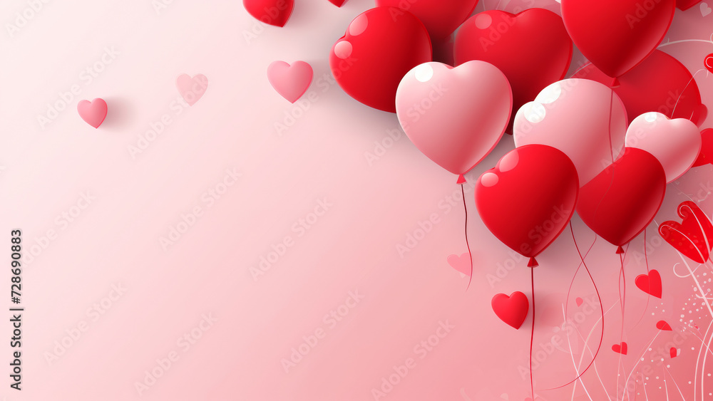 Bunch of red and pink shining balloon heart 3d shapes flying in right corner on light background. Romantic love greeting card banner with empty copy space for text