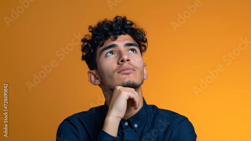 young man is looking thoughtfully upwards, with his chin resting on his hand, against a bright orange background