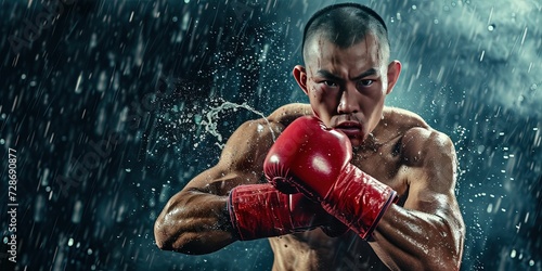 Kickboxing concept with kickboxer wearing gloves in action pose