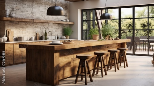 Rustic Chic: Modern Interior Design of Kitchen with Solid Wood Island and Cozy Rustic Stools � A Harmonious Blend of Elegance and Comfort © ASAD