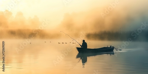 Fishing concept with fisherman on the lake ready to wrangle a large fish photo