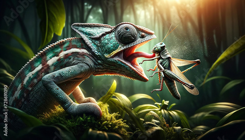 A vividly detailed chameleon catching a grasshopper, showcasing a dramatic interaction between predator and prey in a lush, tropical forest environment.Animals behavior concept. AI generated. photo
