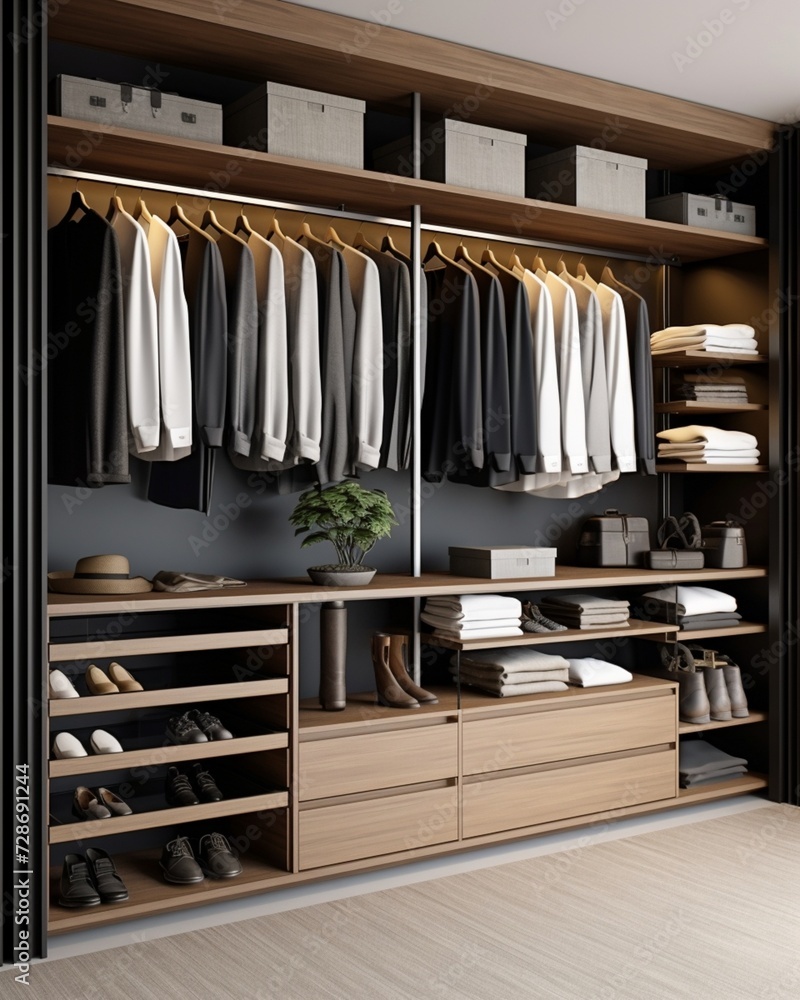 Luxury Organization: Modern Minimalist Men's Walk-In Wardrobe with Hanging Clothes, Shelves, and Drawers - Interior Design for a Stylish and Spacious Closet
