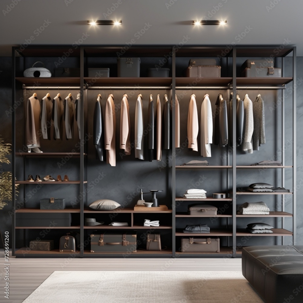 Sophisticated Storage: Modern Minimalist Men's Walk-In Wardrobe � Stylish Interior Design for a Luxury Closet with Ample Space for Organizing Accessories