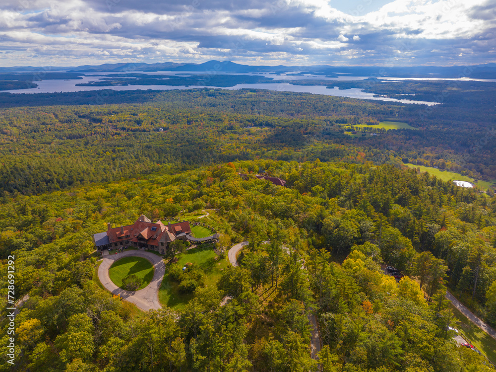 Castle in the Clouds aka Lucknow mansion aerial view in fall at the top