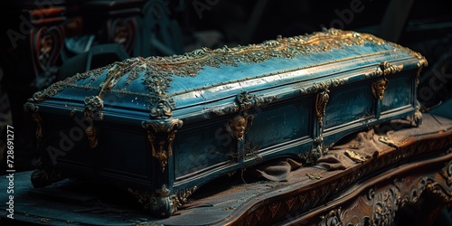 A wooden coffin inside a tomb