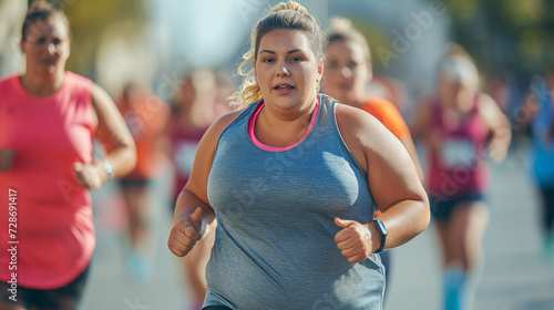 A smiling fat woman couple, active and fit, runs together through the park, enjoying their outdoor fitness routine amidst the greenery