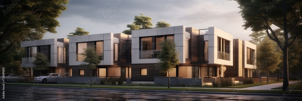 Modern modular private townhouses. Residential minimalist architecture exterior