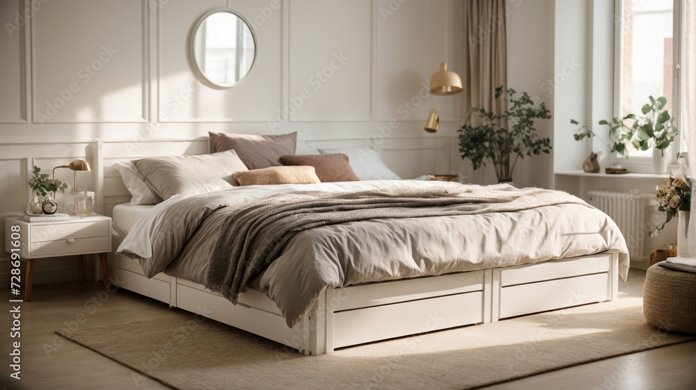 Fototapeta premium Cozy Bed Haven with Hidden Storage for Bedding