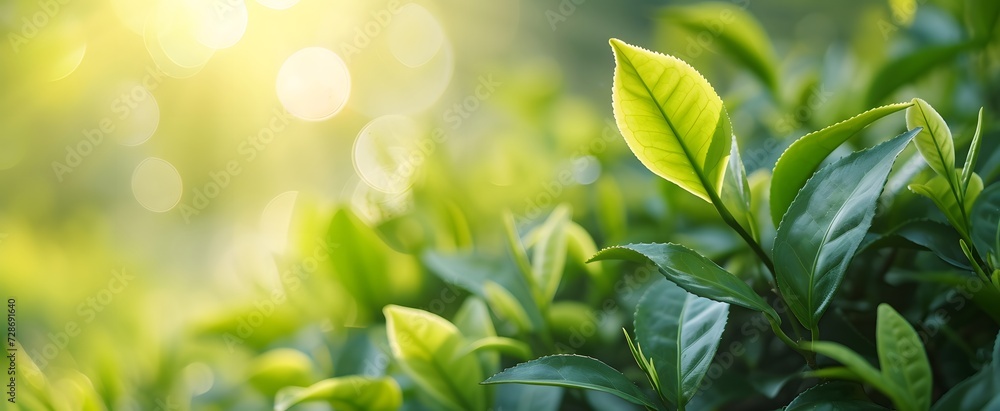 Close up of fresh green tea leaves growing at tea plantation with sunlight in morning. Close up of fresh green tea leaves growing at tea plantation with sunlight in morning.