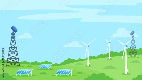 Solar panels and wind turbines installed as renewable station an energy sources for electricity and power supply.Innovation,Green Energy Source. Alternative Renewable Energy. 