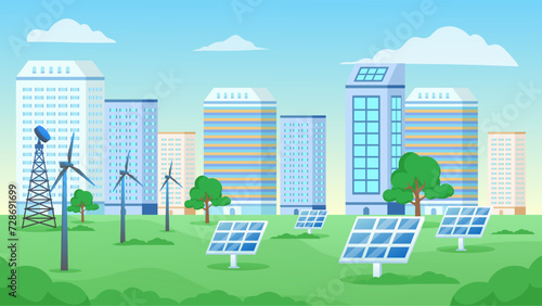Solar panels and wind turbines installed as renewable station an energy sources for electricity and power supply.Innovation,Green Energy Source. Alternative Renewable Energy. 