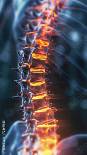 close-up, human projection, back pain, spine skeletal anatomy, orange and blue light