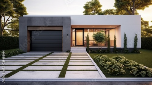 Minimalist Marvel: Modern Small Cubic House with Tiled and Concrete Walls � Architectural Elegance in Residential Exterior Design with Landscaped Front Yard and Driveway to Garage