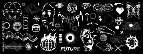Retro futurism y2k sticker collection, vector brutalism retro wave design object set abstract shape. Contemporary cyber techno print, human face, globe hands grid. Retro futurism bitmap noise clipart