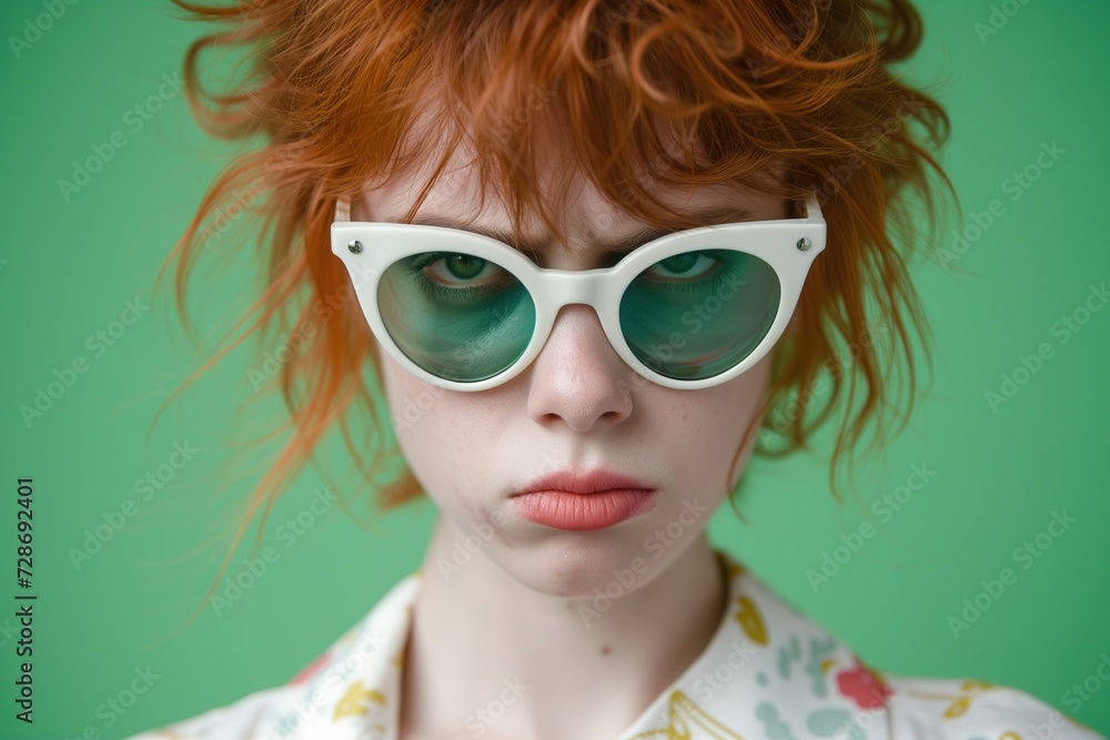 Portrait of Young Ginger Girl with White and Green Glasses: Dirty Face, Miserable Expression, Green Background Portrait of Young Ginger Girl with White and Green Glasses: Dirty Face, Miserable Expression, Green Background