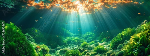 under water ocean with freshness green tree with light flare from water ripple surfacea photo