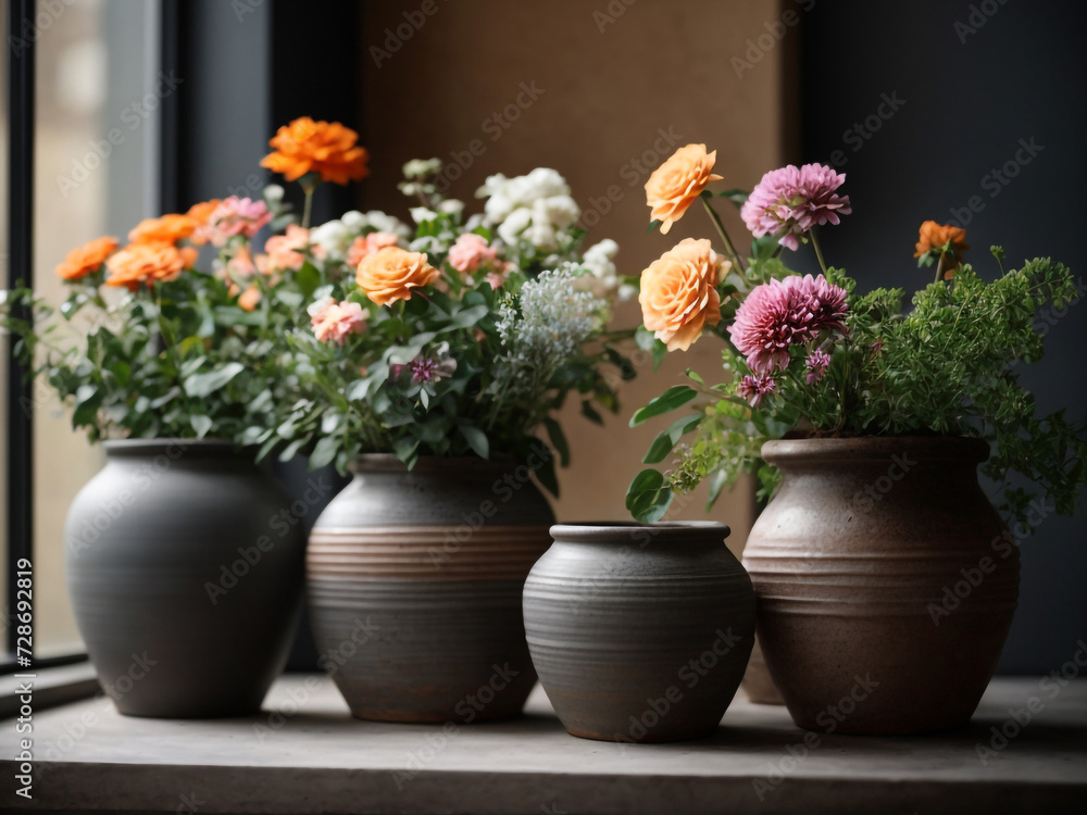 Modern Decor: Flowers in Rustic Pots Near Dark Grey Wall - Stock Photo

