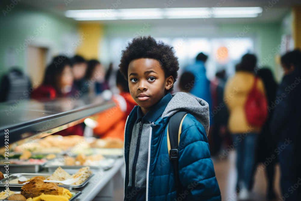 Generative AI portrait of male child at school eating lunch Generative AI portrait of male child at school eating lunch