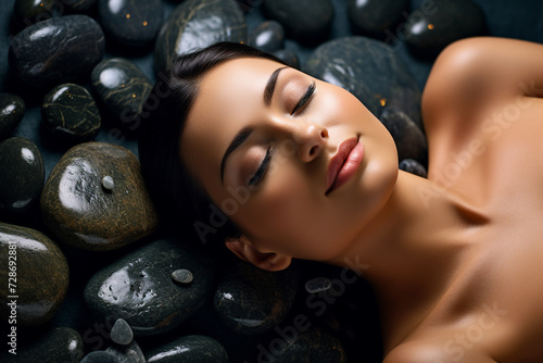Generative AI picture of lovely cute woman enjoy meditation in spa among stones
