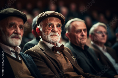 Photo image of old aged mature person college worker sitting on lecture or conference made with generative ai
