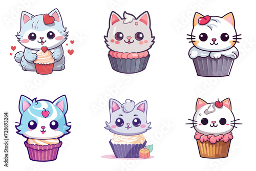 set of 6 funny cartoon muffin cupcake cats  vector illustration isolated transparent background, cut out or cutout t-shirt design