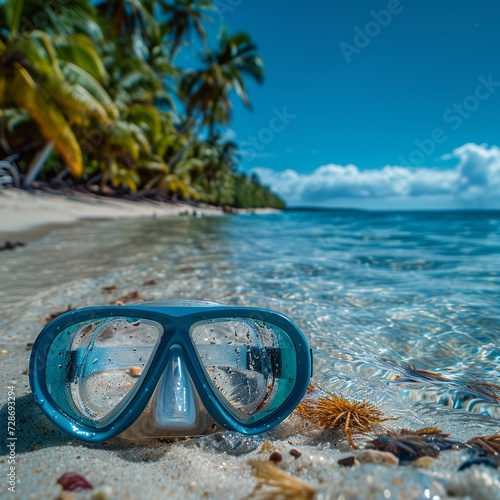 Close up of diving goggles on the shore of a paradisiacal beach. Vacation concept, relaxation