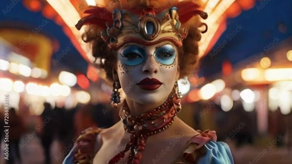 colorful carnival in the city, bright lights, a young woman with carnival mask in front colorful carnival in the city, bright lights, a young woman with carnival mask in front