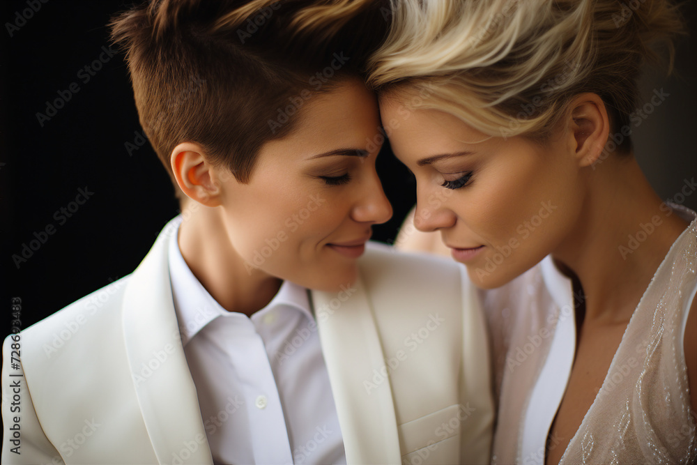 Generative ai creative collage of two people lesbian couple marrying in wedding occasion Generative ai creative collage of two people lesbian couple marrying in wedding occasion