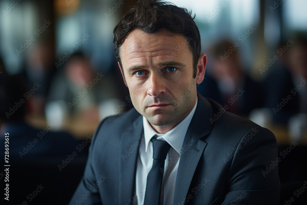 Fototapeta premium Generative AI picture of handsome successful man working in office on business meeting conference