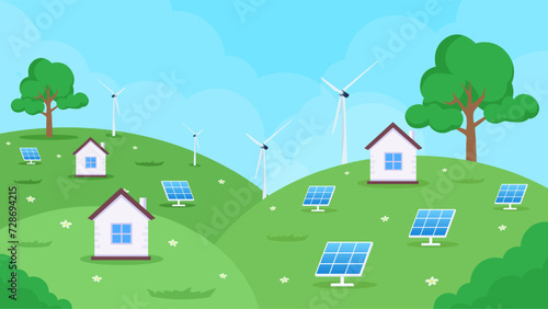 Solar panels and wind turbines installed as renewable station an energy sources for electricity and power supply.Innovation,Green Energy Source. Alternative Renewable Energy. 