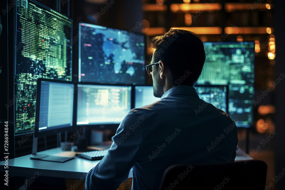 Experienced hacker in action breaking software protection server code Generative Ai image pic Experienced hacker in action breaking software protection server code Generative Ai image pic