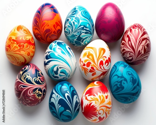 Easter colorful eggs with ornaments on a white background. Easter background. Top view.