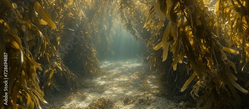 Concealed sandy path beneath kelp forest cover.
