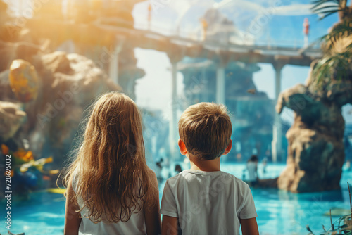 Summer holidays children in aquapark having fun sliding water splash Generative AI picture