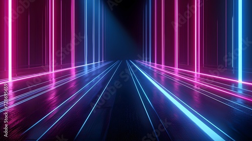 Square tunnel colorful neon glowing lights. Laser lines and LED technology create glow in dark room. copy space, wallpaper, mockup.