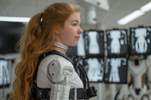 Ginger girl wearing a modern prosthetic hand in a medical center looking at the x-rays. Beautiful young caucasian woman with a pony tail is testing a robotic hand at rehabilitation center. Exoskeleton photo