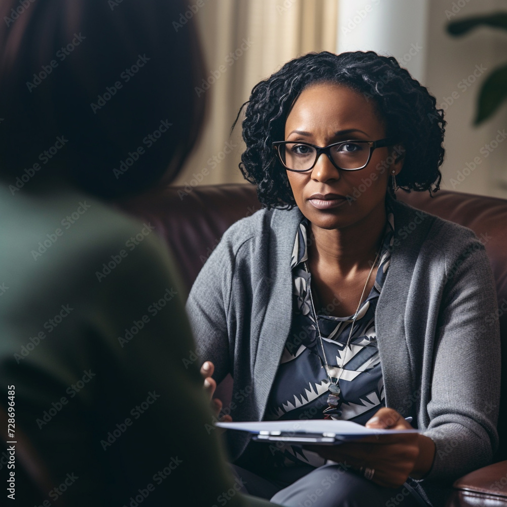 African American black female therapist woman active listening to her client, full of empathy, understanding and attention.  - obrazy, fototapety, plakaty 