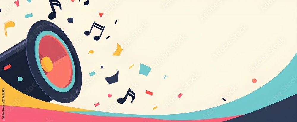 Obraz premium a minimalist flat 2D vector style speaker, a few simple geometric music notes emerging floating. dynamic flow of melody set against vast central white space. generative AI