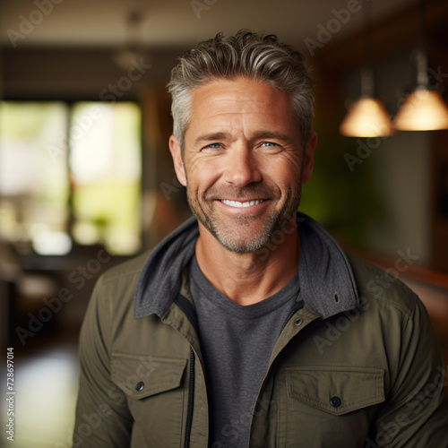 Middle aged mature man, happy, smiling, good looking, confident, full of life and power, compelling visual for Testosterone Replacement Therapies (TRT) photo